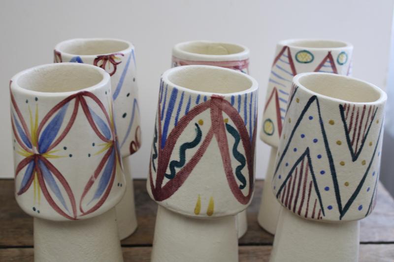 mod vintage set of handmade ceramic goblets or candle holders w ...