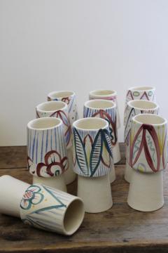 catalog photo of mod vintage set of handmade ceramic goblets or candle holders w/ painted designs 