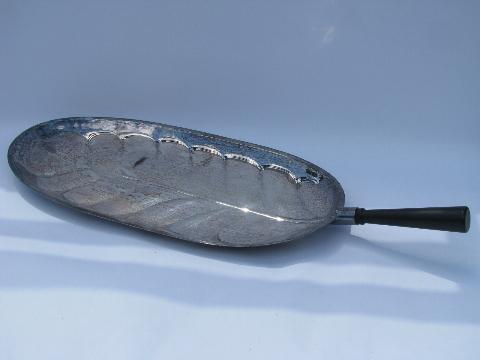 photo of mod vintage silver plate serving tray, retro banana leaf shape, wood handle #1