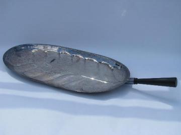 catalog photo of mod vintage silver plate serving tray, retro banana leaf shape, wood handle