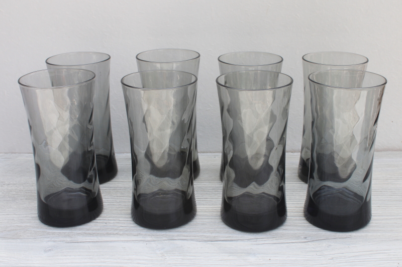 photo of mod vintage smoke grey drinking glasses set, optic swirl pattern tall tumblers #1