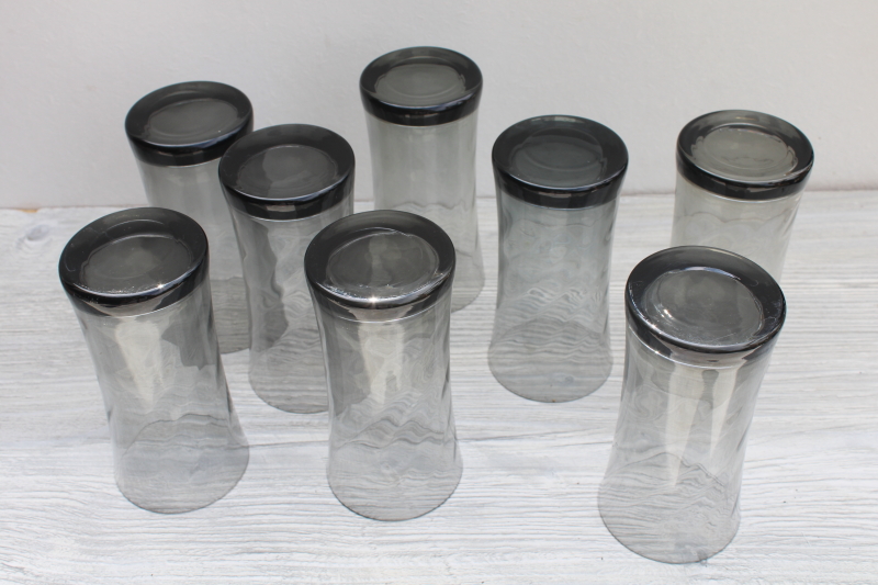 photo of mod vintage smoke grey drinking glasses set, optic swirl pattern tall tumblers #3