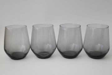 catalog photo of mod vintage smoke grey glass drinking glasses, double old fashioned large tumblers