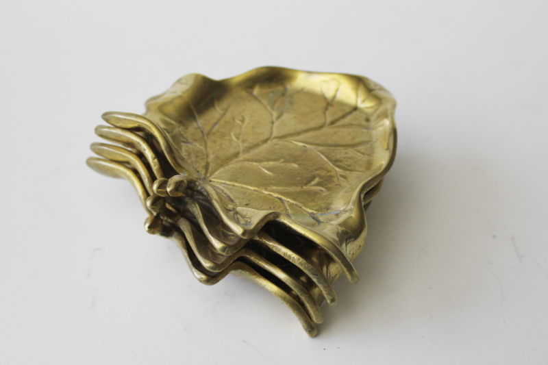 photo of mod vintage solid brass leaves coaster set, leaf shaped drinks coasters or ashtrays #4