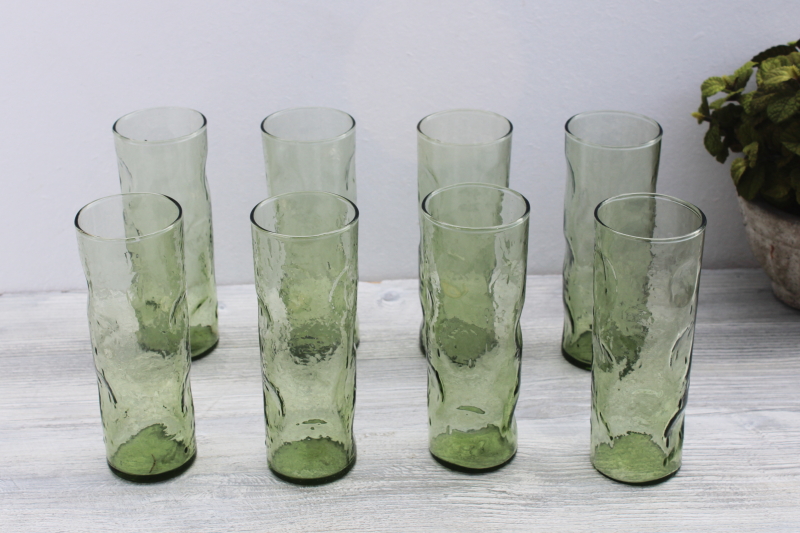 photo of mod vintage tall skinny tumblers, Collins glasses dimpled pinch shape avocado green glass #1