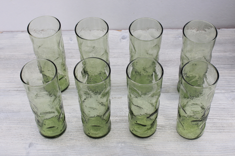 photo of mod vintage tall skinny tumblers, Collins glasses dimpled pinch shape avocado green glass #2