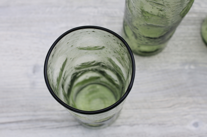 photo of mod vintage tall skinny tumblers, Collins glasses dimpled pinch shape avocado green glass #3