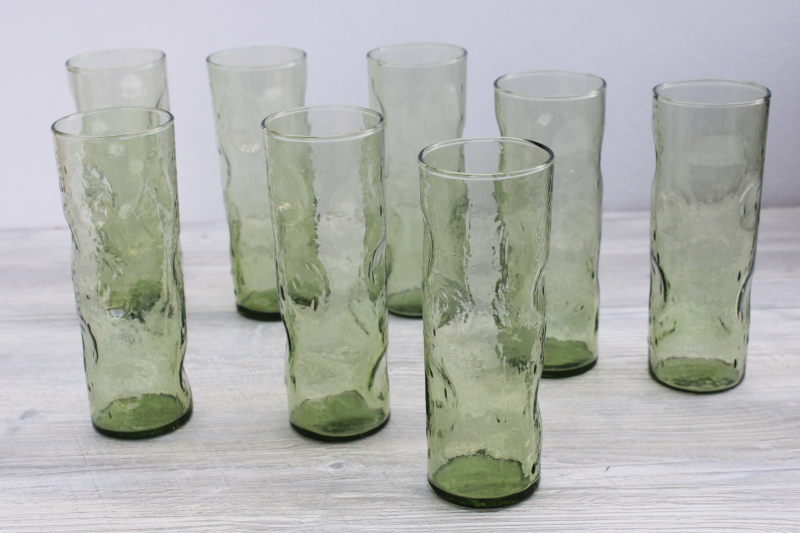 photo of mod vintage tall skinny tumblers, Collins glasses dimpled pinch shape avocado green glass #4