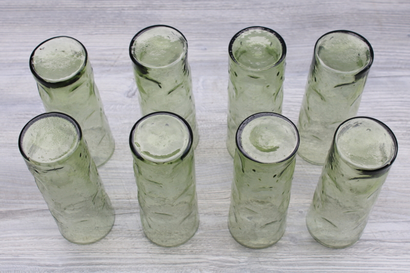 photo of mod vintage tall skinny tumblers, Collins glasses dimpled pinch shape avocado green glass #5