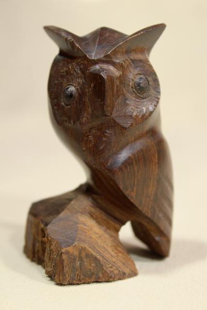 photo of mod vintage teak wood owl miniature carving, hand crafted carved wooden figure #1