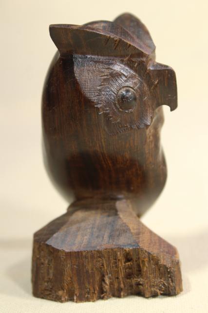 photo of mod vintage teak wood owl miniature carving, hand crafted carved wooden figure #2