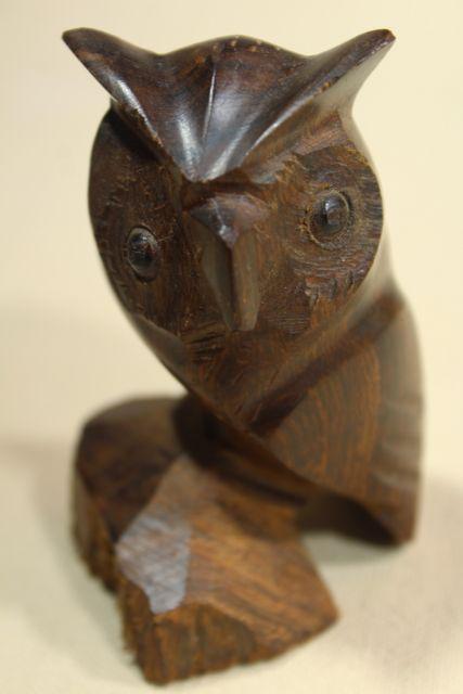 photo of mod vintage teak wood owl miniature carving, hand crafted carved wooden figure #7