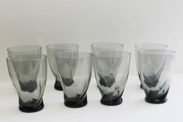 catalog photo of mod vintage twist shape tumblers, smoke grey drinking glasses retro bar glass set