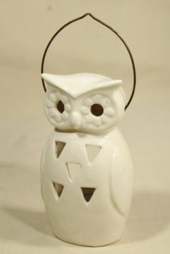 catalog photo of mod vintage white ceramic lantern, owl fairy light candle holder lamp