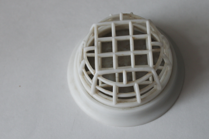 photo of mod white plastic cage flower frog, vintage Golden Gate flower holder w/ label  #1