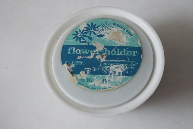 photo of mod white plastic cage flower frog, vintage Golden Gate flower holder w/ label  #2