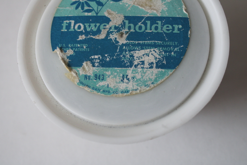 photo of mod white plastic cage flower frog, vintage Golden Gate flower holder w/ label  #3