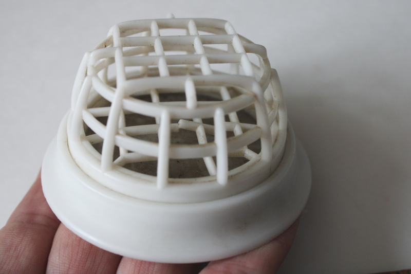 photo of mod white plastic cage flower frog, vintage Golden Gate flower holder w/ label  #5