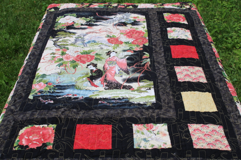 photo of modern art mini quilt wall hanging, Japanese prints w/ black, geisha print w/ bamboo pattern quilting  #2