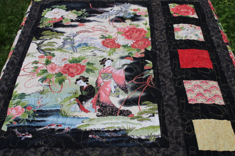 photo of modern art mini quilt wall hanging, Japanese prints w/ black, geisha print w/ bamboo pattern quilting  #3