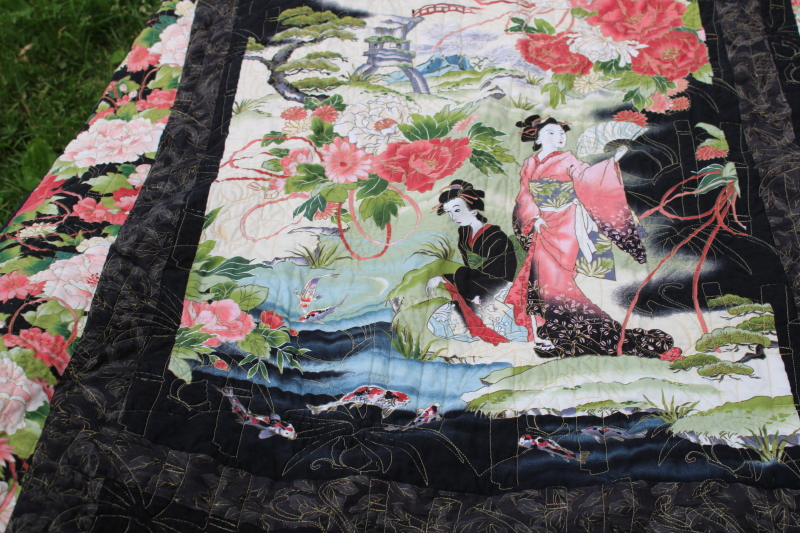 photo of modern art mini quilt wall hanging, Japanese prints w/ black, geisha print w/ bamboo pattern quilting  #4