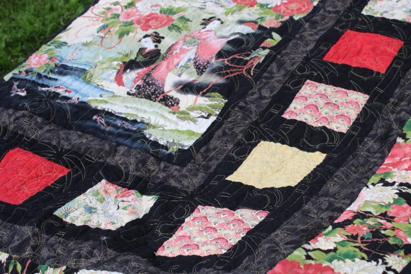 photo of modern art mini quilt wall hanging, Japanese prints w/ black, geisha print w/ bamboo pattern quilting  #5