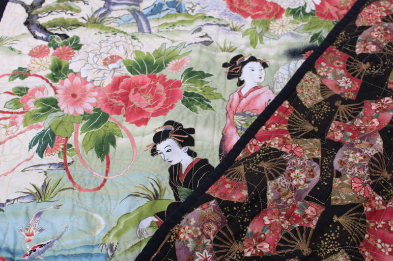 photo of modern art mini quilt wall hanging, Japanese prints w/ black, geisha print w/ bamboo pattern quilting  #6