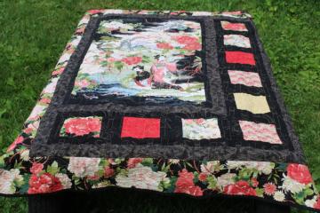 catalog photo of modern art mini quilt wall hanging, Japanese prints w/ black, geisha print w/ bamboo pattern quilting 