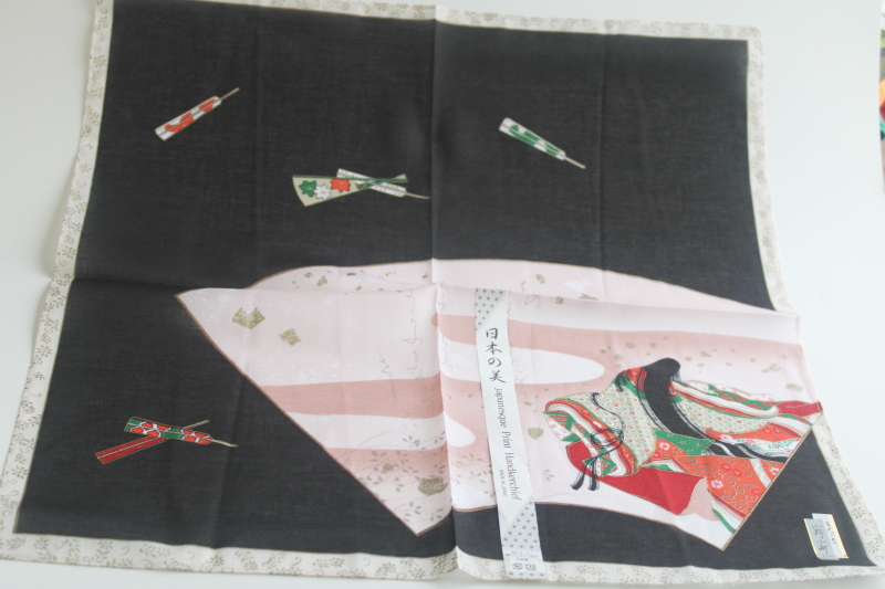 photo of modern art print cotton handkerchief from Japan, girl on Japanese fan design on black  #4