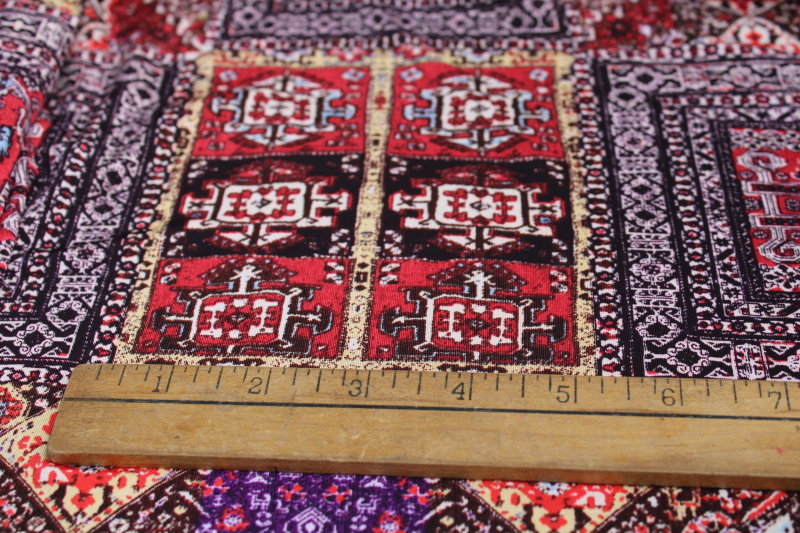 photo of modern boho style slinky poly knit fabric, reds browns print patchwork of oriental rug patterns #2