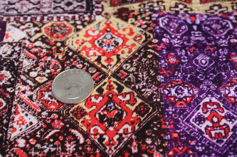 photo of modern boho style slinky poly knit fabric, reds browns print patchwork of oriental rug patterns #5