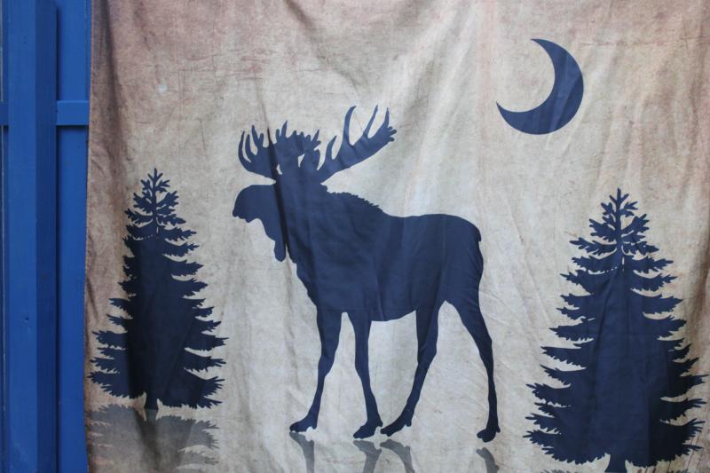 photo of modern camp cabin rustic shower curtain, moose & pine trees silhouette print fabric #2