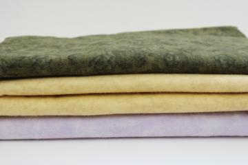 catalog photo of modern cotton flannel fabric lot, lavender, yellow gold, olive green 