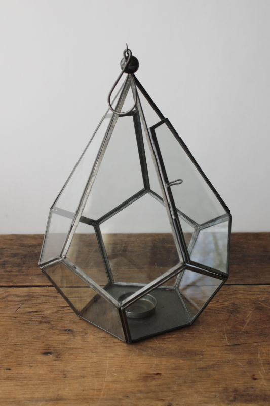 photo of modern decorative glass lantern candle holder, hanging terrarium for real plants or faux greenery  #1