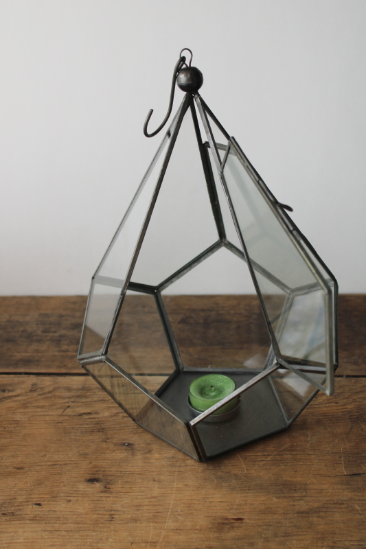 photo of modern decorative glass lantern candle holder, hanging terrarium for real plants or faux greenery  #2