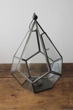 catalog photo of modern decorative glass lantern candle holder, hanging terrarium for real plants or faux greenery 