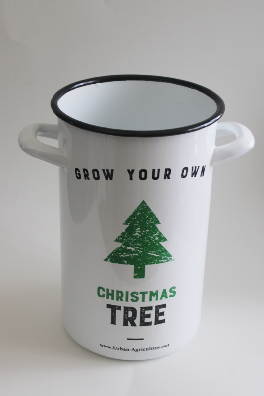 photo of modern farmhouse Christmas tree bucket, tall enamelware metal pot w/ handles  #1