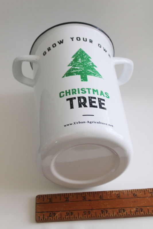 photo of modern farmhouse Christmas tree bucket, tall enamelware metal pot w/ handles  #6