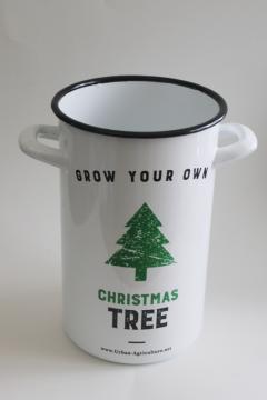 catalog photo of modern farmhouse Christmas tree bucket, tall enamelware metal pot w/ handles 