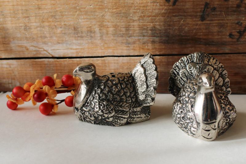 photo of modern farmhouse Thanksgiving S&P figural turkeys, antiqued silver finish cast #1