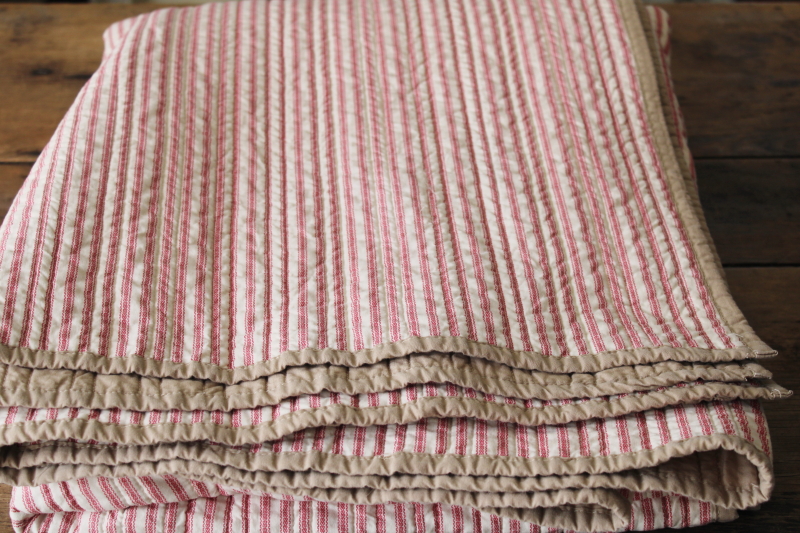 photo of modern farmhouse barn red ticking stripe tan cotton quilt, quilted throw blanket #1