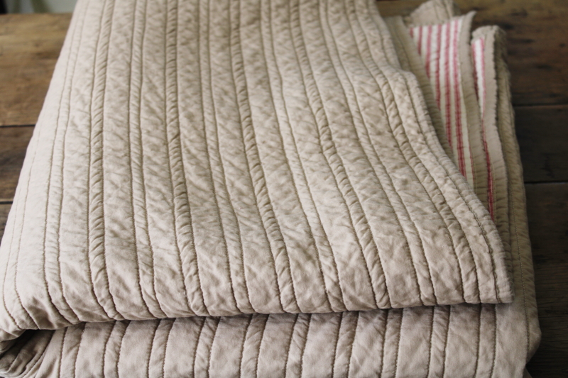 photo of modern farmhouse barn red ticking stripe tan cotton quilt, quilted throw blanket #6