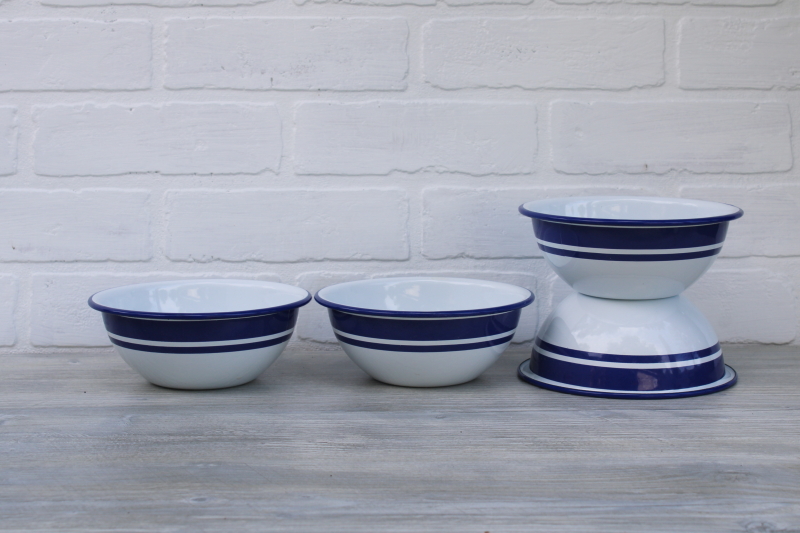 photo of modern farmhouse blue white enamelware bowls, wide cobalt band cereal or salad bowls #1