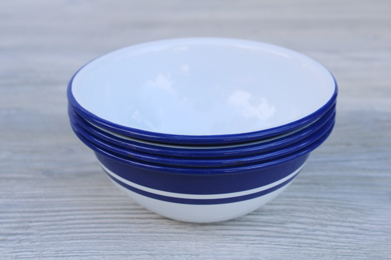 photo of modern farmhouse blue white enamelware bowls, wide cobalt band cereal or salad bowls #5