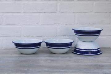 catalog photo of modern farmhouse blue white enamelware bowls, wide cobalt band cereal or salad bowls
