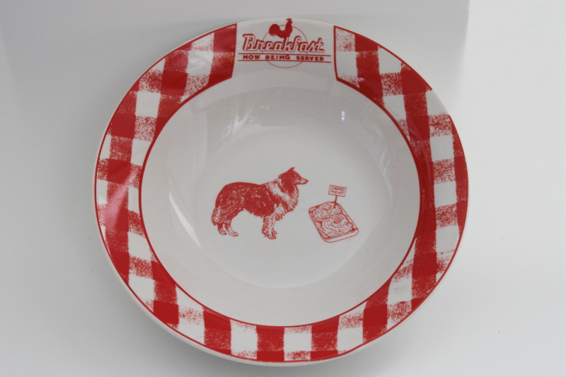 photo of modern farmhouse china cereal bowl, Breakfast Now Being Served red gingham w/ collie dog #1