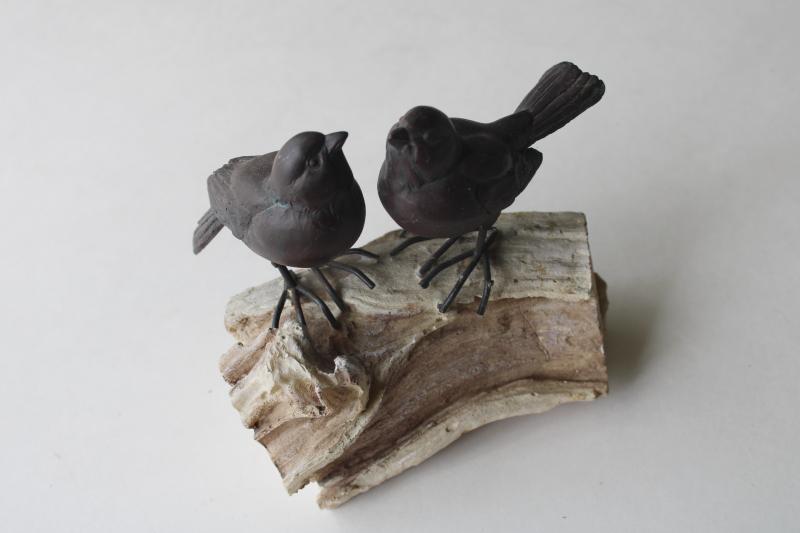 photo of modern farmhouse decor, pair sparrow birds faux bronze figurines on weathered 'wood' #1