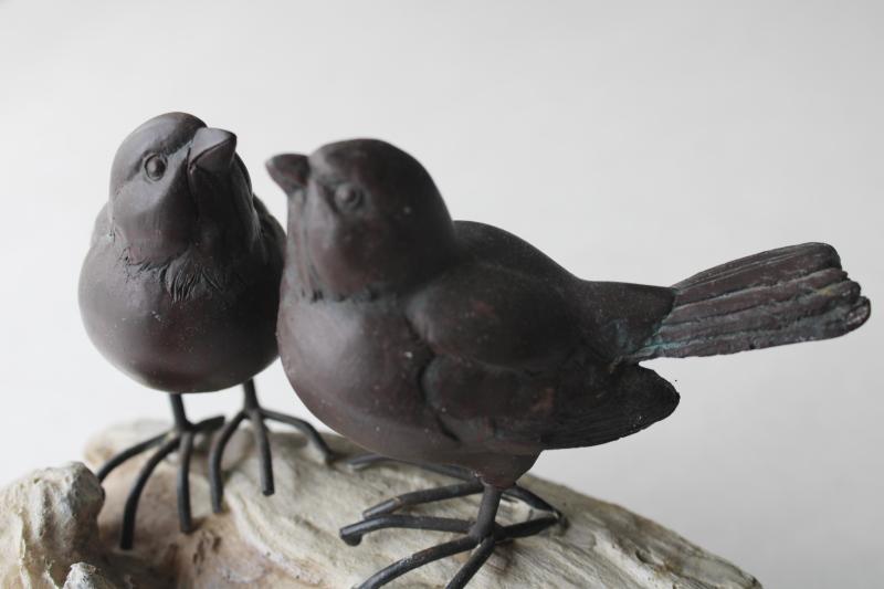 photo of modern farmhouse decor, pair sparrow birds faux bronze figurines on weathered 'wood' #2