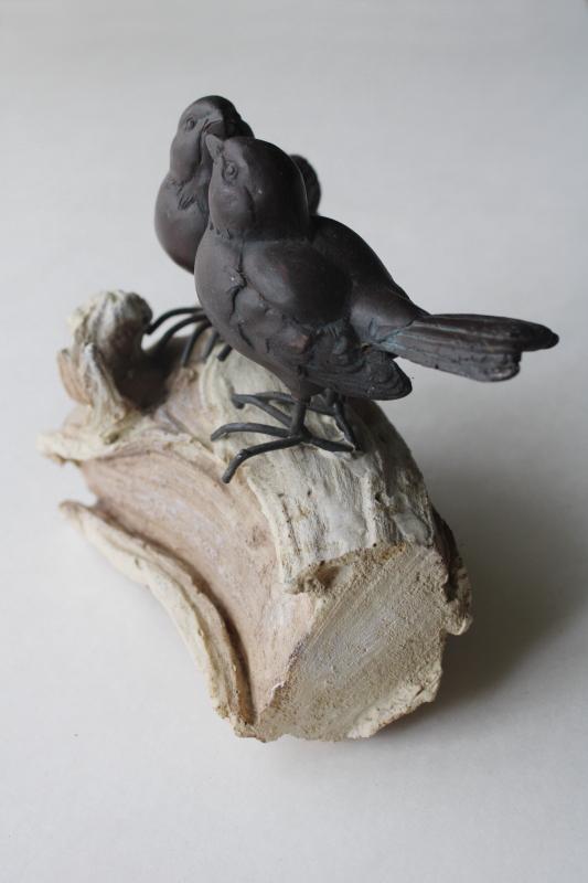 photo of modern farmhouse decor, pair sparrow birds faux bronze figurines on weathered 'wood' #3