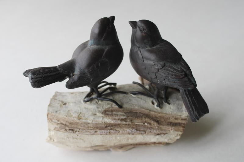 photo of modern farmhouse decor, pair sparrow birds faux bronze figurines on weathered 'wood' #4